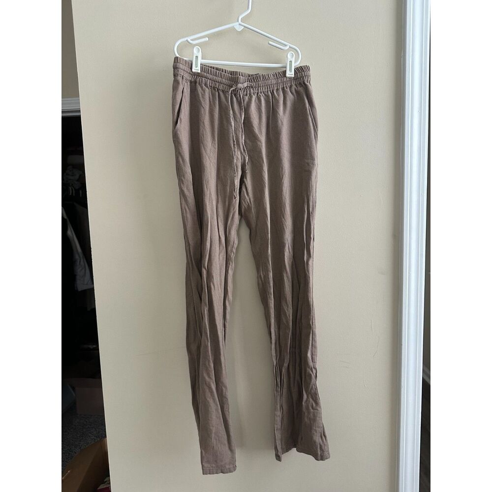 Love Tree Linen Blend Drawstring Casual Pants Tan Brown Small